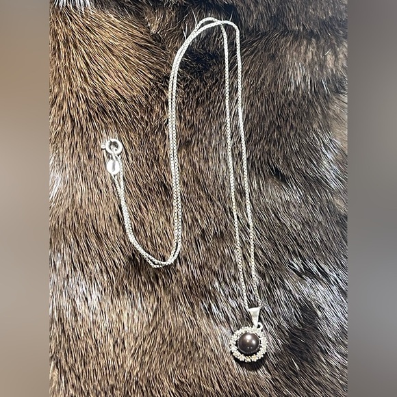 Stunning 925 Italian Sterling Silver Genuine Black Grey Pearl wDiamonds Necklace - Picture 8 of 13